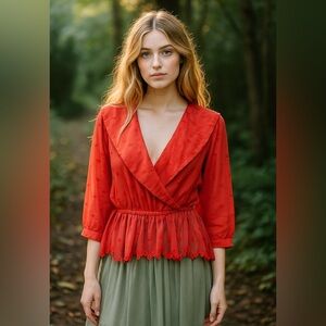 Vintage Reddish Orange Textured Wrap Blouse Size 8 Fairy Whimsical